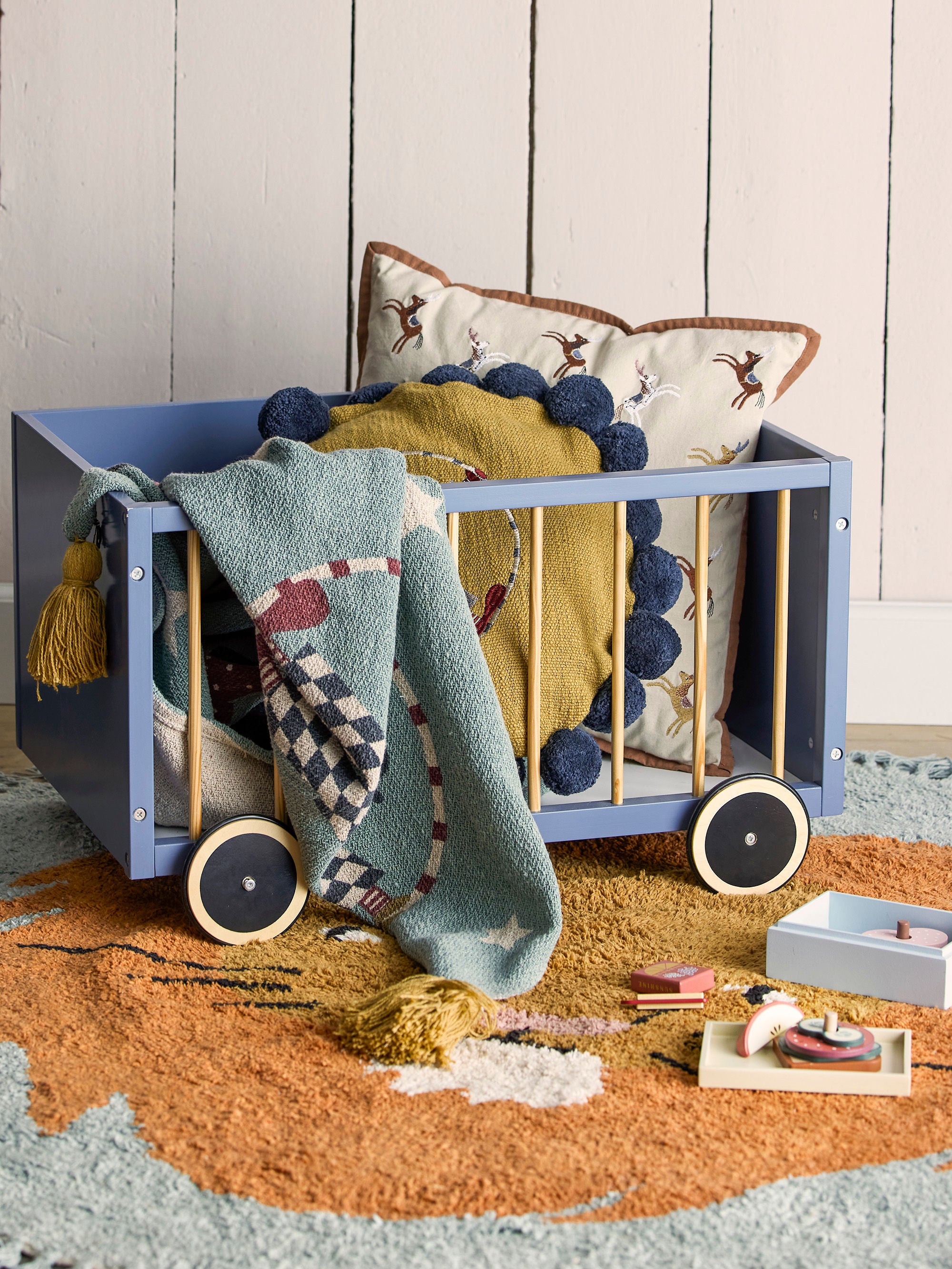 Bloomingville MINI Sebald Opbergdoos met Wielen, Blauw, MDF